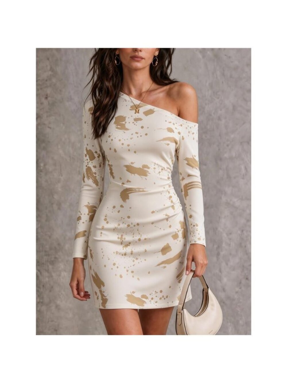 One-Shoulder Long Sleeve Paint Splatter Bodycon Mini Dress